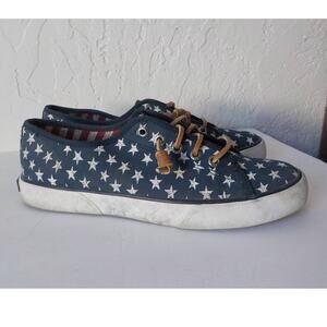 Sperry Women Size 7M Blue Boat Sneakers White Stars Pattern Leather Laces Casual